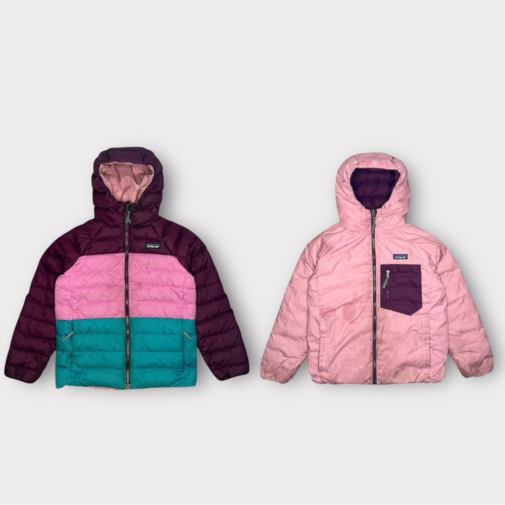 Patagonia Pink & Purple Tone Reversible Down Hoodie Puffer Jacket